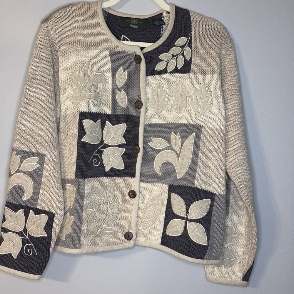 VTG Orvis Women's Patchwork Leaf Knit Grandma Sweater Button Front Cottagecore S